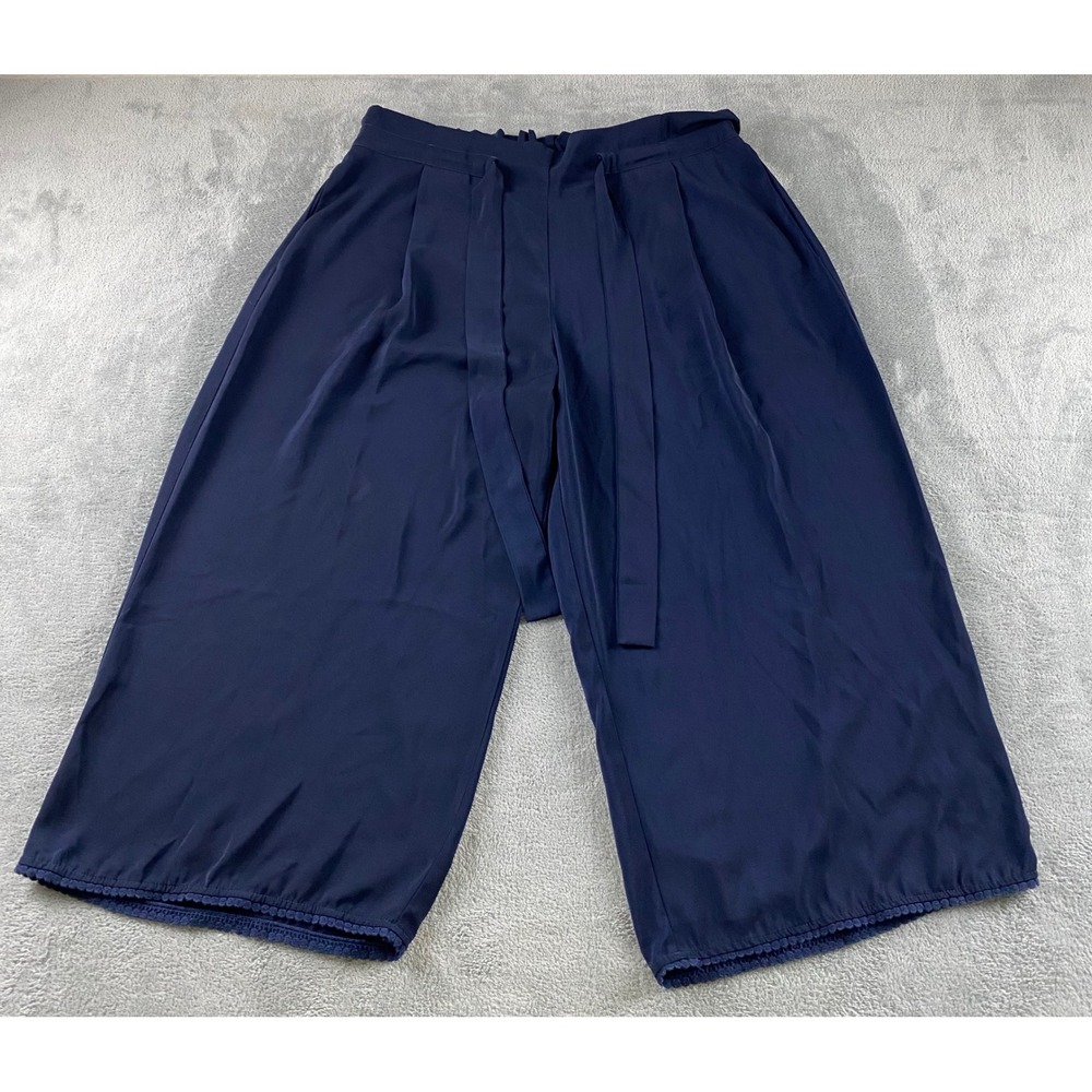 Skies Are Blue Navy Blue Wide Leg Culotte Pants Crochet Trim Plus Sz1X Tie Waist